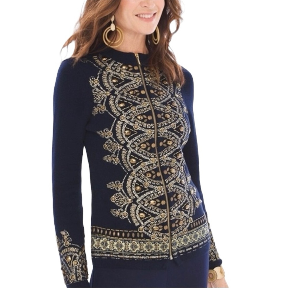 Chico’s Navy Gold Beaded Demitria Embellished Full
Zip Cardigan, XS NWOT